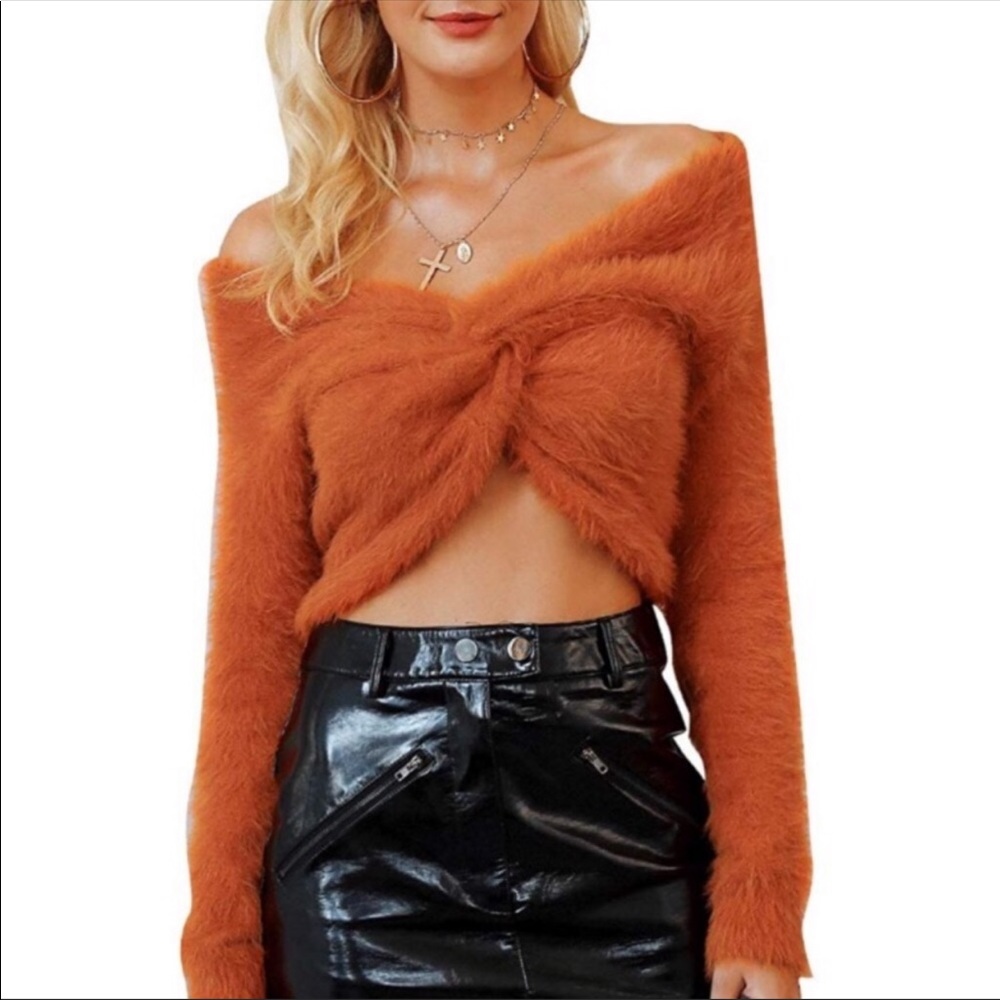 Ali Orange Fuzzy Off the shoulder Crop Top